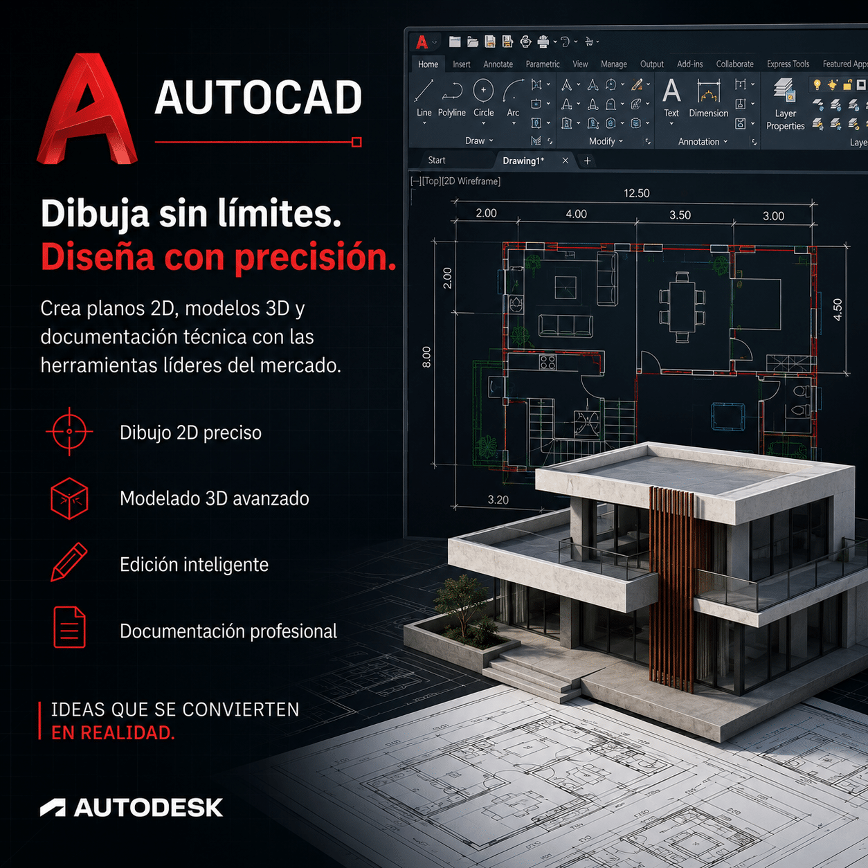 Autodesk AutoCAD - Interfaz de diseño CAD con planos técnicos, dibujo profesional y modelado 3D para arquitectura e ingeniería